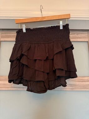 Windsor Dark Brown Smocked Ruffle Mini Skirt